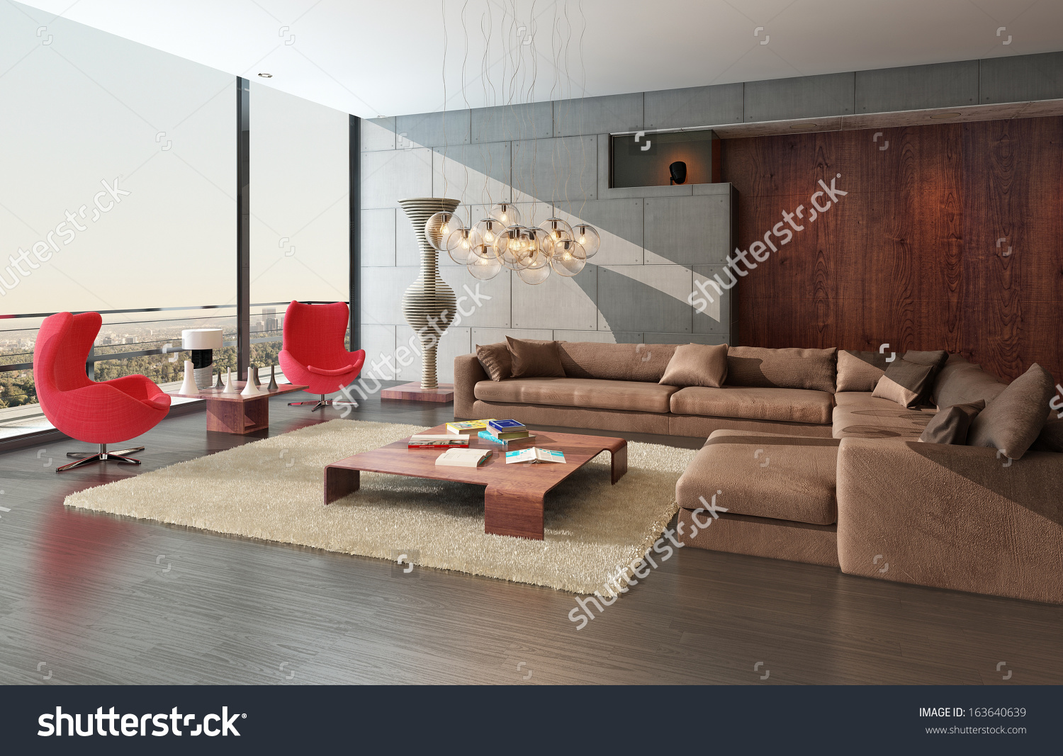 stock-photo-modern-wooden-living-room-interior-with-couch-and-two-red-armchairs-163640639